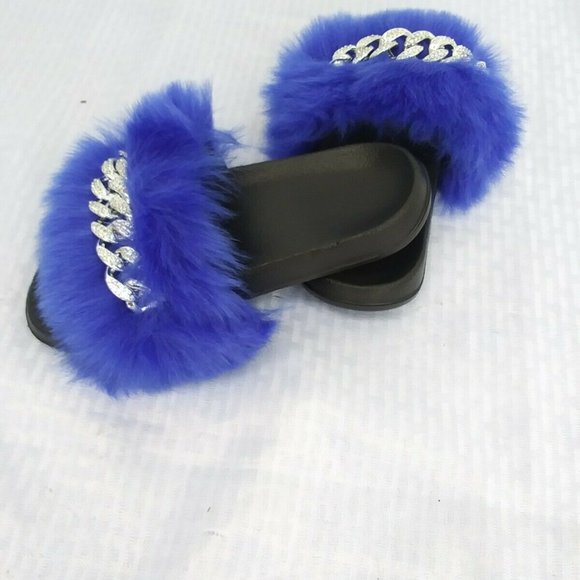 Royal Blue Faux Fur Slides/Slippers/With Chain - Picture 4 of 7